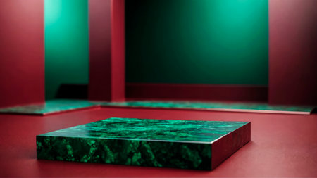 Modern rectangular green malachite empty podium for cosmetic or product on festive green and maroon background. Gradient wall, stage studio. Advertisement, 3d, award luxury, blurred shadow. Copy spaceの素材