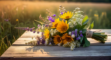 Bouquet of colorful wildflowers illuminated by the rays of the setting sun lies on old weathered wooden table against background of meadow. Peace and tranquility. Copy space. Close up.の素材