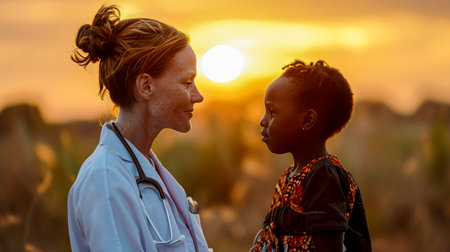 Female Caucasian doctor pediatrician stands in village next to black small girl and they look at each other against the background of African sunset. Taking care of children's health. Copy space.の素材