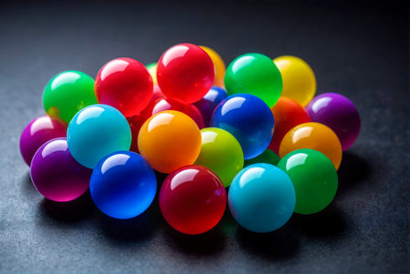 Close up view of a bunch of vibrant multi colored glossy balls on a dark surface. Copy space.の素材