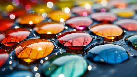 Raindrops on an iridescent surface with cells. Spherical shape of water droplets in close-up. After the rain. Close-up. Copy space.の素材