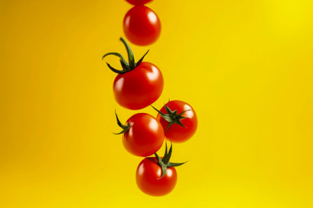 Fresh red cherry tomatoes float in the air in free fall on yellow gradient background. Levitation of vegetables. Flying round tomatoes. Healthy food, natural vitamins, for vegetarians. Copy space.の素材