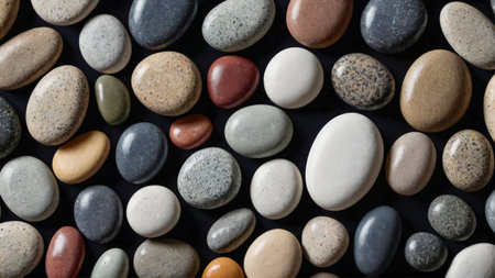 Natural stone background. Multicolored polished pebbles are tightly randomly stacked on a black background. Smooth flat river pebbles. Full frame shot of rocks. Top view. Close-up.の素材