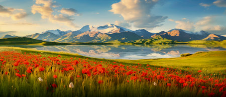 Scenic mountain landscape with a field with green grass and wild red poppies. Beautiful natural image of nature. Copy spaceの素材