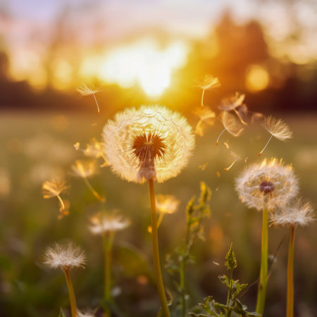 Fancy fluffy white dandelion with seeds flying in the wind. Macro shot of summer nature scene. Blurred background of summer meadow at sunrise or sunset. Close-up. Copy space.の素材