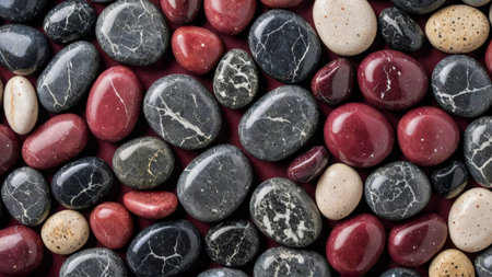 Natural stone background. Multicolored polished pebbles are tightly randomly stacked on a red background. Smooth flat river pebbles. Full frame shot of rocks. Top view. Close-up.の素材