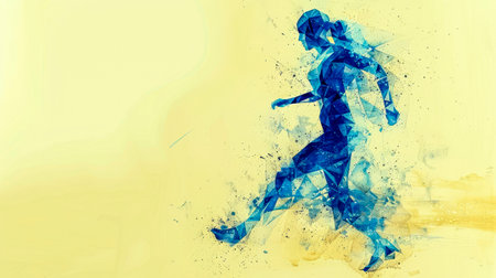 Abstract blue rapidly running girl created from triangles. Color illustration on beige background. Close-up. Copy space.の素材