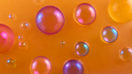 Colored translucent bubbles on pale orange background. Pastel colors. Chaotic arrangement of balls. Soft volumetric lighting, blurred shadows. Top view. Color illustration. Close-up. Copy space.の素材