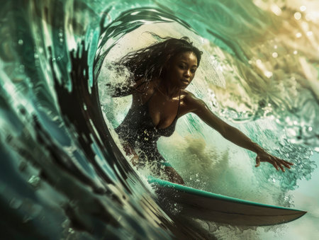 Epic scene with beautiful young African American woman riding surfboard in barrel-shaped pale turquoise transparent wave. Soft surround lighting. Glowing splashes of water. Close-up.の素材