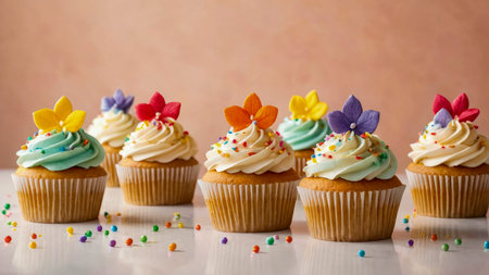 Colorful cupcakes on pale peach color background. Sweet confectionery products. Delicious children's treat. Creative food composition. Copy space.の素材