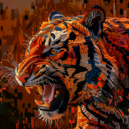 Head of a roaring tiger, graphic illustration with dynamic splash background. Wild angry predator. An aggressive feline animal. Mosaic composition. Close-up.の素材