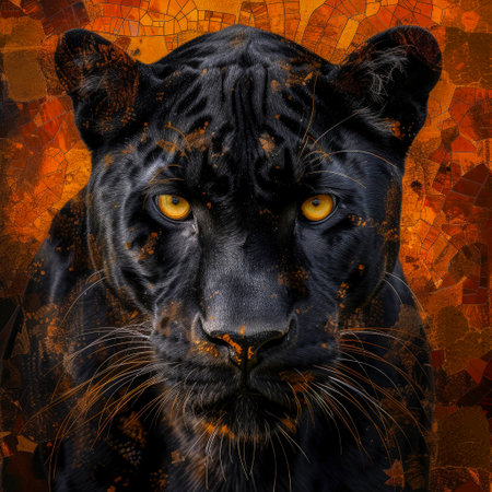 Head of the black panther, graphic illustration with dynamic splash background. Wild angry predator. An aggressive feline animal. Close-up.の素材