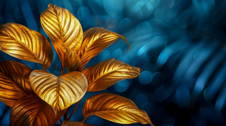 Abstract composition depicting golden tropical leaves on dark blue background. Texture of golden leaves contrasts with background. Atmosphere of mystery, luxury, sophistication, charm.の素材