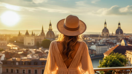 Single female traveling alone, slender young woman with beautiful figure, in summer casual dress and hat, famous destination with observation deck in old European city. Rear view. Sunset or sunrise.の素材