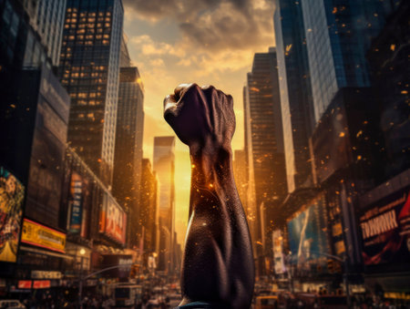 Raised clenched black male fist symbolizing protest against racism, discrimination fight for civil rights, equality, struggle for justice. Dark-skinned man clenched on background of night city.の素材