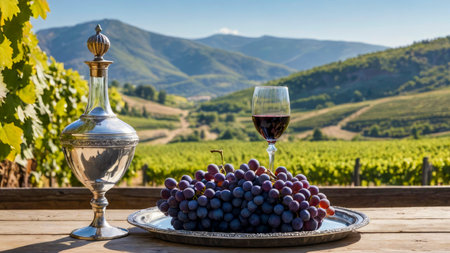 Still life with vintage decanter, glass filled with red wine, fresh and ripe large purple grapes on antique silver platter on wooden table in soft sunlight on blurred background of mountain vineyard.の素材