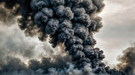 Swirling cloud of black smoke 3d magic, an eerie sinuous texture of smog against a cloudy sky. The atmosphere of fear and horror. Copy space.の素材
