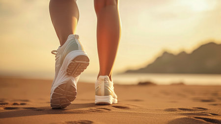 Slender legs in sneakers of girl running in rays of rising sun. Track and field athlete's morning workout at dawn, along sand, edge of sea. Expressive feet, muscular calves of athlete. Close-up.の素材