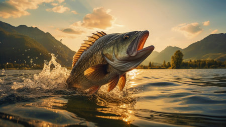 Close up of fish black bass (Micropterus salmoides) jumping from the water with bursts in high mountain clean lake or river, at sunset or dawn, picturesque mountain summer landscape. Copy space.の素材