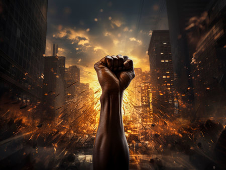 Raised clenched black male fist symbolizing protest against racism, discrimination fight for civil rights, equality, struggle for justice. Dark-skinned man clenched on background of night city.の素材