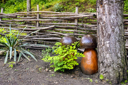 Two handcrafted wooden mushrooms. Landscape design. In tranquil park setting, two wooden mushrooms stand among plants and rustic fence, capturing the essence of autumn in serene landscape.の写真素材