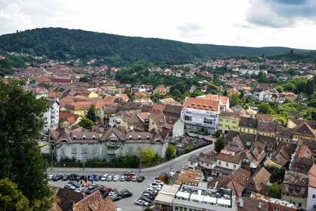 Old European town with red tiled roofs. Various houses and buildings. View from tower to city...