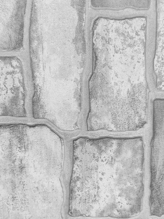 Finishing tiles stylized as old stonework, paving. Stones of arbitrary shape with uneven edges. Black and white photo. Close-up. Top view. Copy space for text.の写真素材
