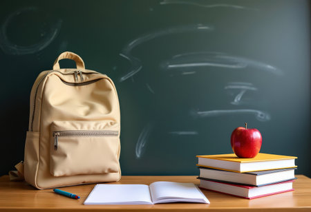 Backpack and stack of books with one apple are on school desk against background of classroom chalkboard. Back to school, education. Copy space.の素材
