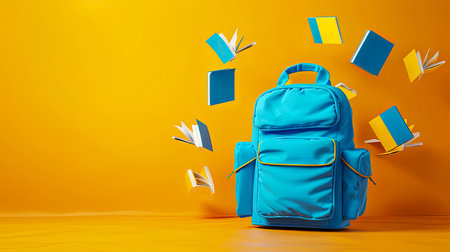 Vibrant 3D rendering showcases blue school backpack surrounded by open books flying on yellow background, symbolizing the excitement of going back to school. Copy space.の素材