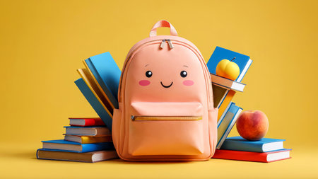 Vibrant 3D rendering showcases peach school backpack surrounded by books on yellow background, symbolizing the excitement of going back to school. Copy space.の素材
