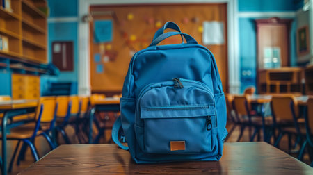 Back to School: Vibrant Blue Backpack Awaits Adventure in Classroom. Bright blue backpack sits on table, its colors popping against soft blur of classroom awaiting students.の素材