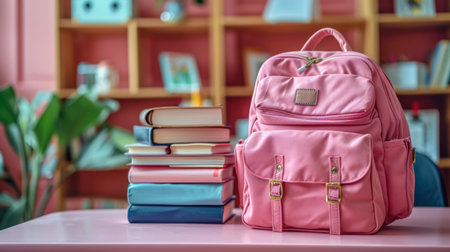 Back to School: Vibrant Pink Backpack Awaits Adventure in the Classroom. Bright pink backpack and books sits on a table, its colors popping against the soft blur of a classroom awaiting students.の素材