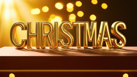 Inscription Christmas in bold metallic gold letters on blurred festive background with lights and bokeh. Ideal for holiday-themed designs and celebrations. Close-up. Copy space for text.の素材