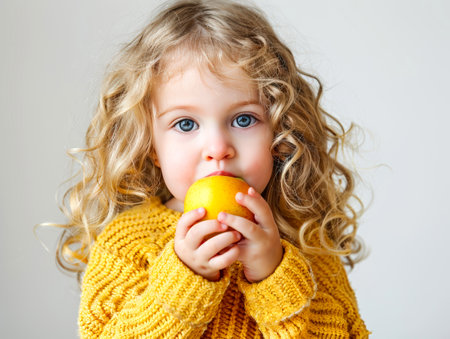 Little girl with gray eyes holds yellow apple, on light gray background. Beautiful blonde curly-haired. Copy space for text. Close up.の素材
