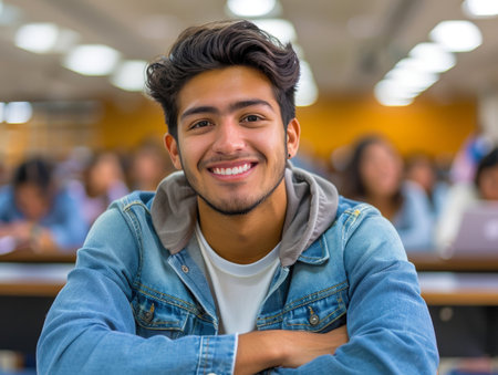 Latino smiling male college student sitting a classroom against blurred background of his colleagues. Close-up. Copy space for text.の素材