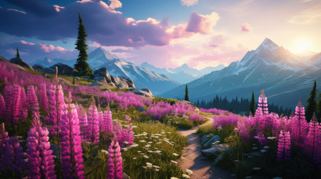 Meadow with blooming lupines on background of mountains with snowy peaks, Pink sky with small clouds. Narrow winding path. Early morning, sunrise. Calm and serenity. Copy space for text.の素材