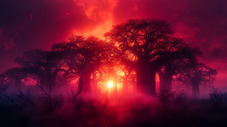 Group of baobabs shrouded in mysterious fog, against background of falling sunset. Sky shimmers with all shades of red and purple. Feeling of magic and adventure. Copy space for text.の素材