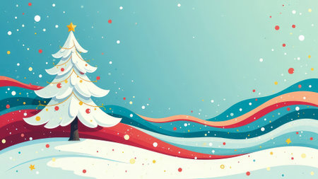 Abstract Christmas tree in rainbow colors on background of floating snowflakes. Wave structure. Magical atmosphere of good cozy holiday. New Year.の素材