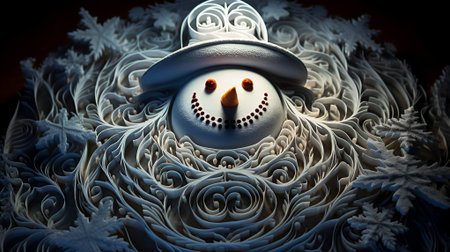 Abstract creative snowman in white hat. Illustration. Copy space.の素材