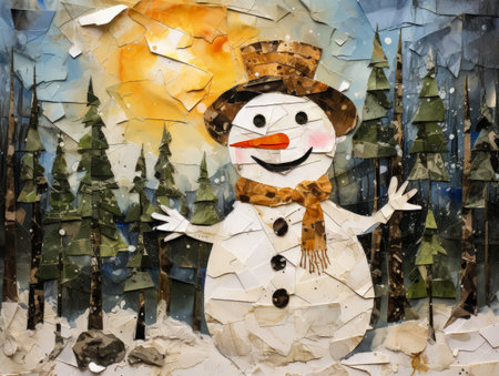 Cheerful snowman in red hat, scarf on background of winter fir forest. Sense of coziness, magic and anticipation of cozy Christmas. Retro design, application. Copy space.の素材
