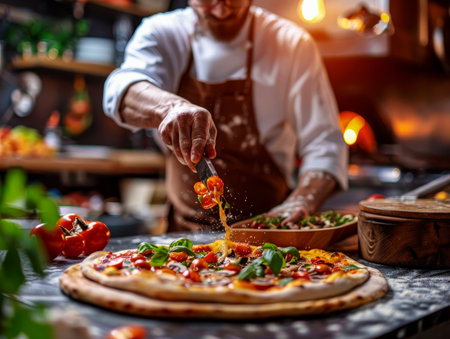 Chef Adding Tomatoes to Pizza in Kitchen. Chef wearing gloves carefully places fresh tomatoes on pizza in kitchen setting. Pizza is topped with mozzarella cheese, basil, and other ingredients.の素材