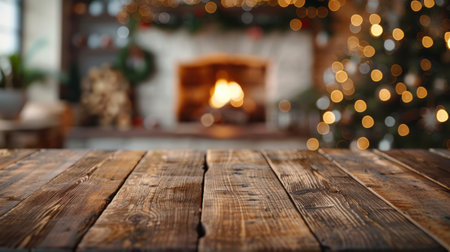 Empty old wooden table on blurry background of Christmas tree and fireplace. Festive New Year postcard. Copy space.の素材