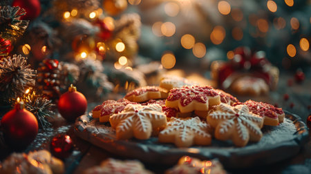 Festive gingerbread cookies on blurred background of festively decorated Christmas tree lights. Handmade Christmas cookies. Close-up.の素材