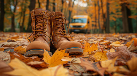 Stylish vintage man brown leather boots among autumn leaves. Copy space. Close-up.の素材