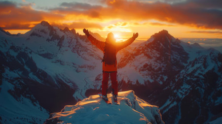 Positive man skier on mountain peak, arms raised in triumph and joy. Vast landscape below. Conquering mountain peak. Copy space.の素材