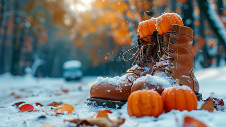 Stylish vintage man brown leather boots and pumkins in snowy winter forest. Copy space. Close-up.の素材