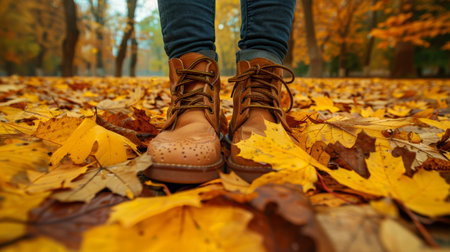 Stylish vintage man brown leather boots among autumn leaves. Copy space. Close-up.の素材