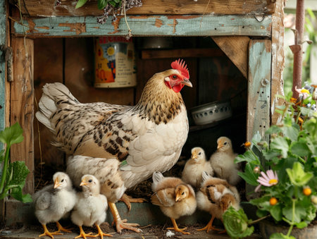 Well-groomed, beautiful Hen with chicks in cozy mini-coop, creating a warm and lovely atmosphere. Vintage postcard.の素材