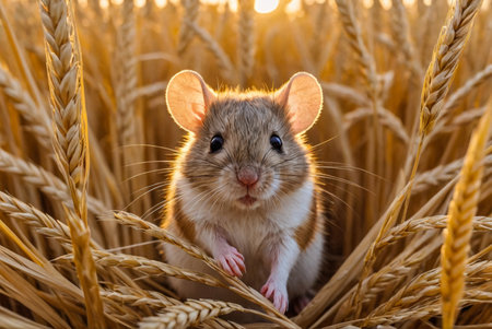 Happy little mouse among ripe ears of wheat in field makes preparations for winter. Harvest. His ears are visible in rays of setting sun. Close-up. Copy space for text.の素材