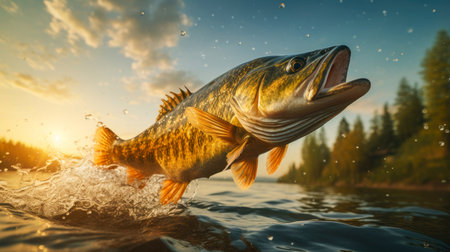 Close up of pike perch fish jumping from the water with bursts in high mountain clean lake or river, at sunset or dawn, picturesque mountain summer landscape. Copy space.の素材